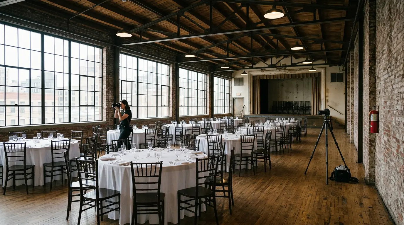 Brooklyn photography service event photographer working inside Brooklyn venue space during session setup