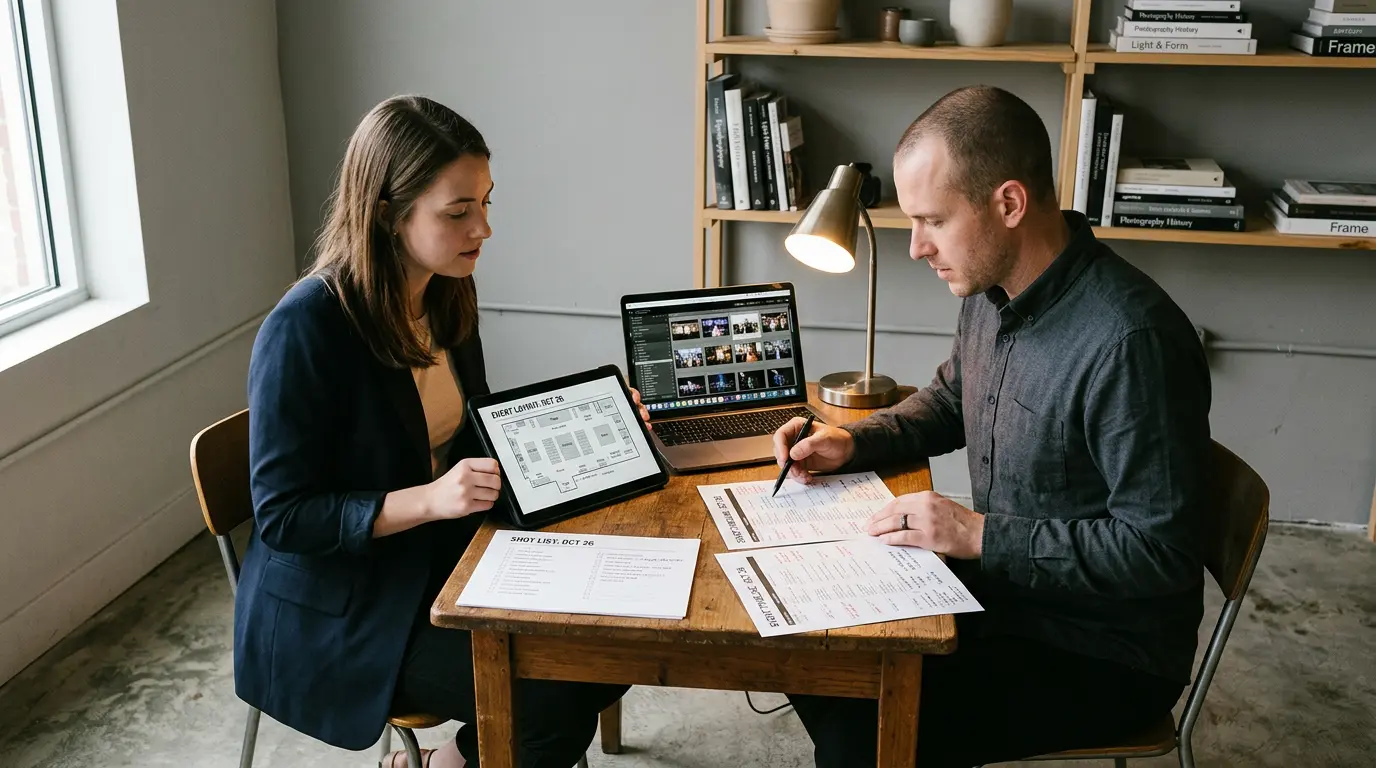 Event photographer consulting with client over venue floor plan shot list and event timeline in Brooklyn workspace
