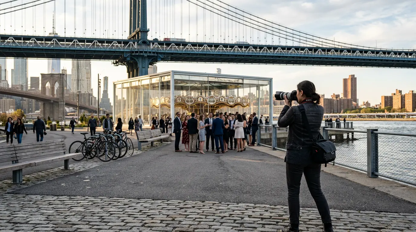Event photographer at Brooklyn Bridge Park DUMBO capturing guests near Manhattan Bridge waterfront