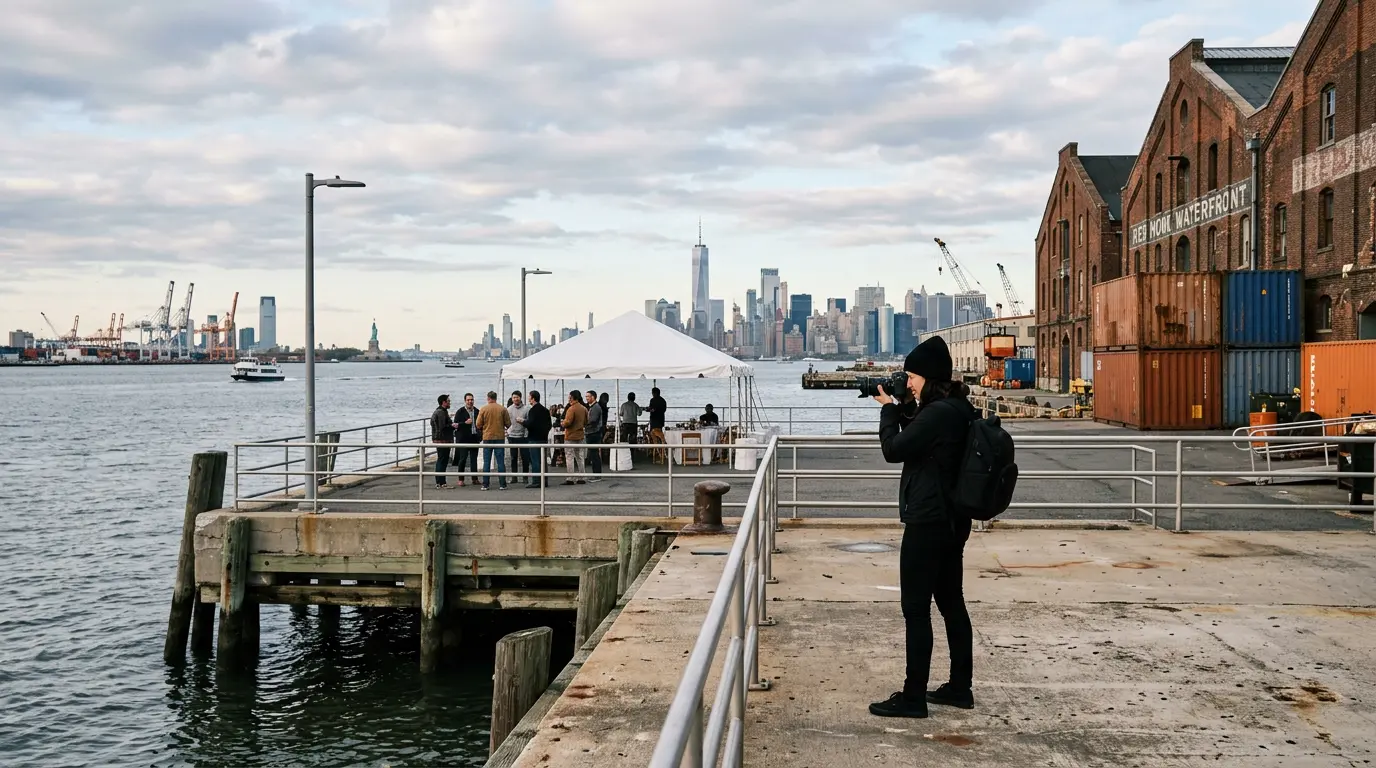 Event photographer at Red Hook Brooklyn waterfront venue with Manhattan skyline in background