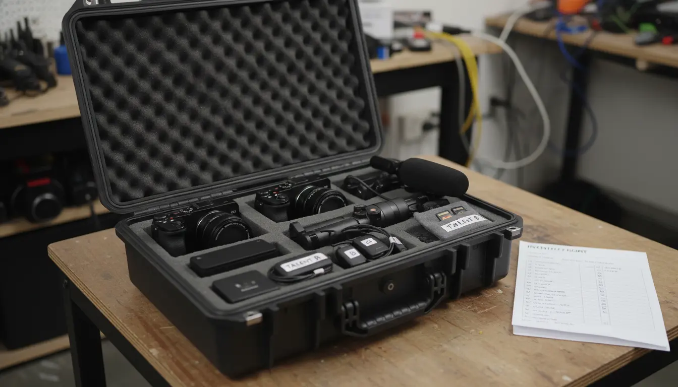 Event videography equipment in Brooklyn - cameras, gimbal, audio packs, SSDs on table