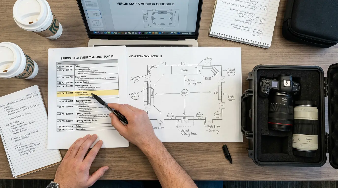 Event video pre-production planning session with printed timeline and venue floor plan for Brooklyn event coverage