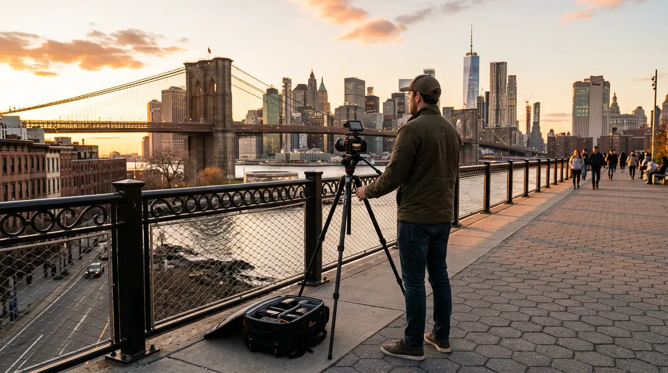 Event videographer at Brooklyn Heights Promenade with Manhattan skyline backdrop during golden hour shoot