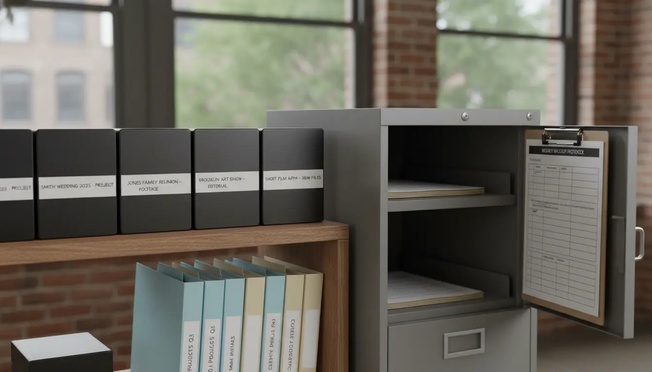 photo editing project backup drives and labeled project folders in Brooklyn studio