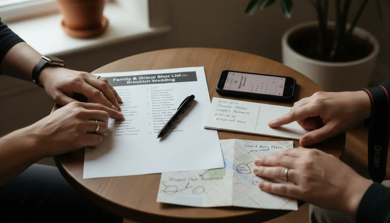 Family and group shot list planning for a Brooklyn wedding showing printed timeline and venue notes