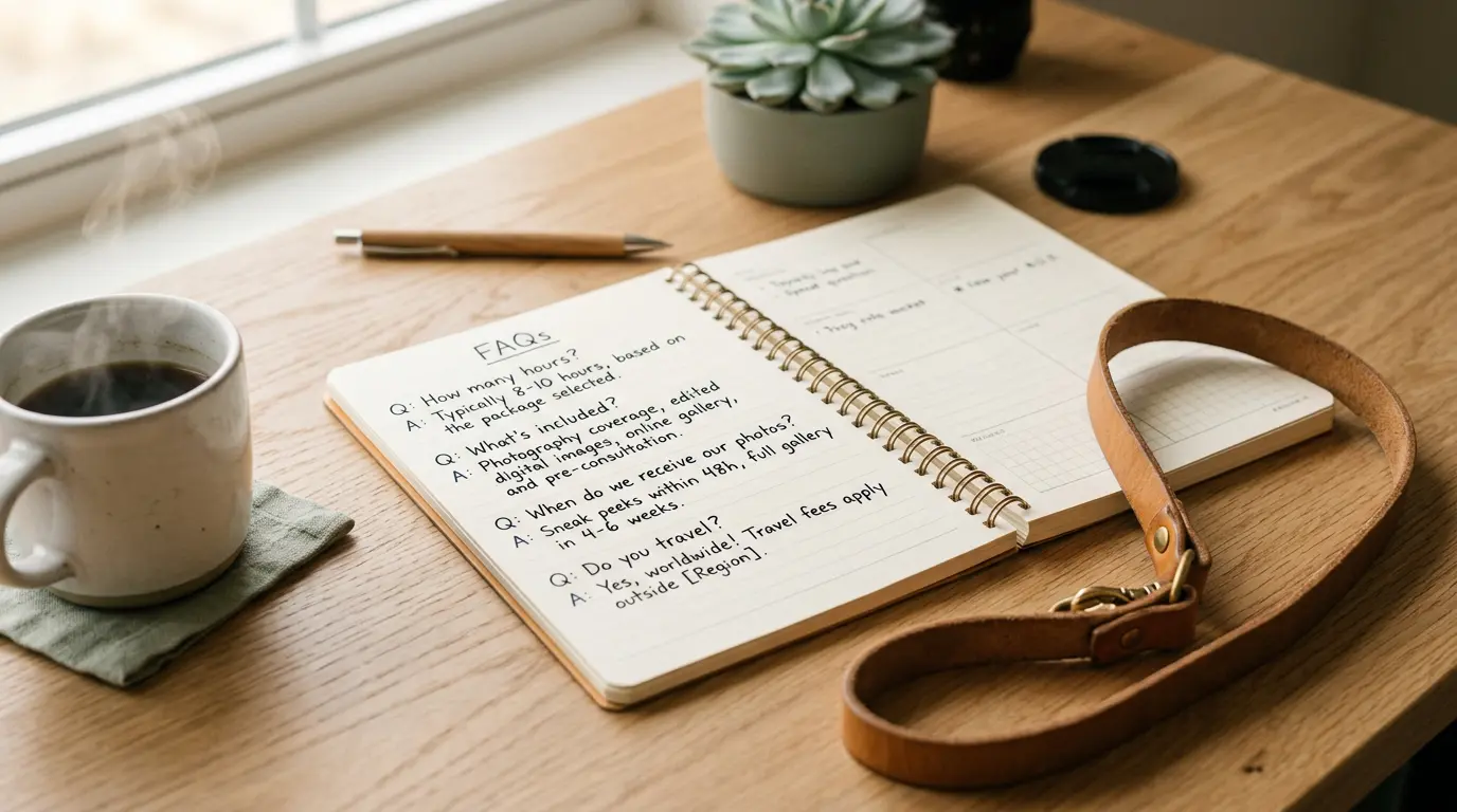 Open spiral notebook with handwritten FAQ headings on a light wood desk beside a leather camera strap and steaming coffee mug, Brooklyn photography studio setting