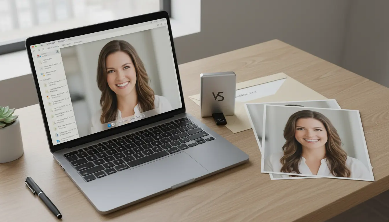 Portrait photo delivery in Brooklyn showing final headshot on laptop with USB and prints