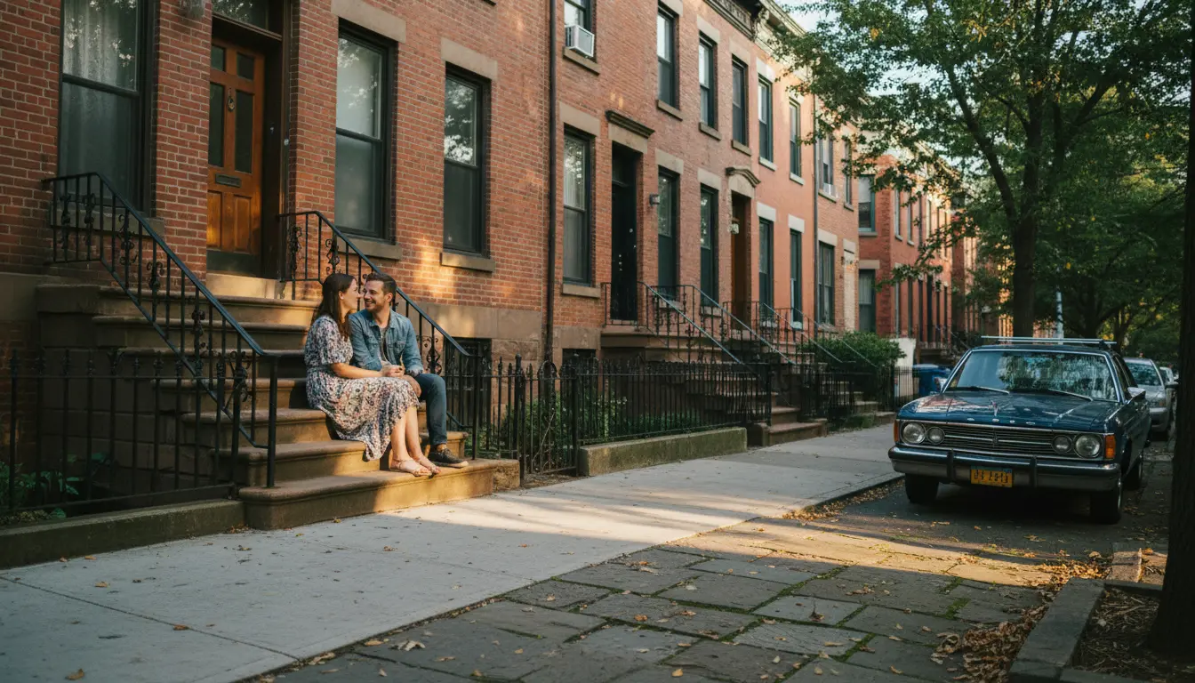 Wedding Photography Park Slope — candid couple portrait on brownstone stoop with tree-shadow bands
