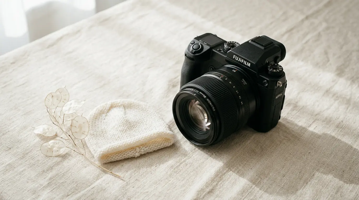 Professional camera body with prime lens and newborn knit hat flat-lay on linen — Vera Starling Brooklyn photography service