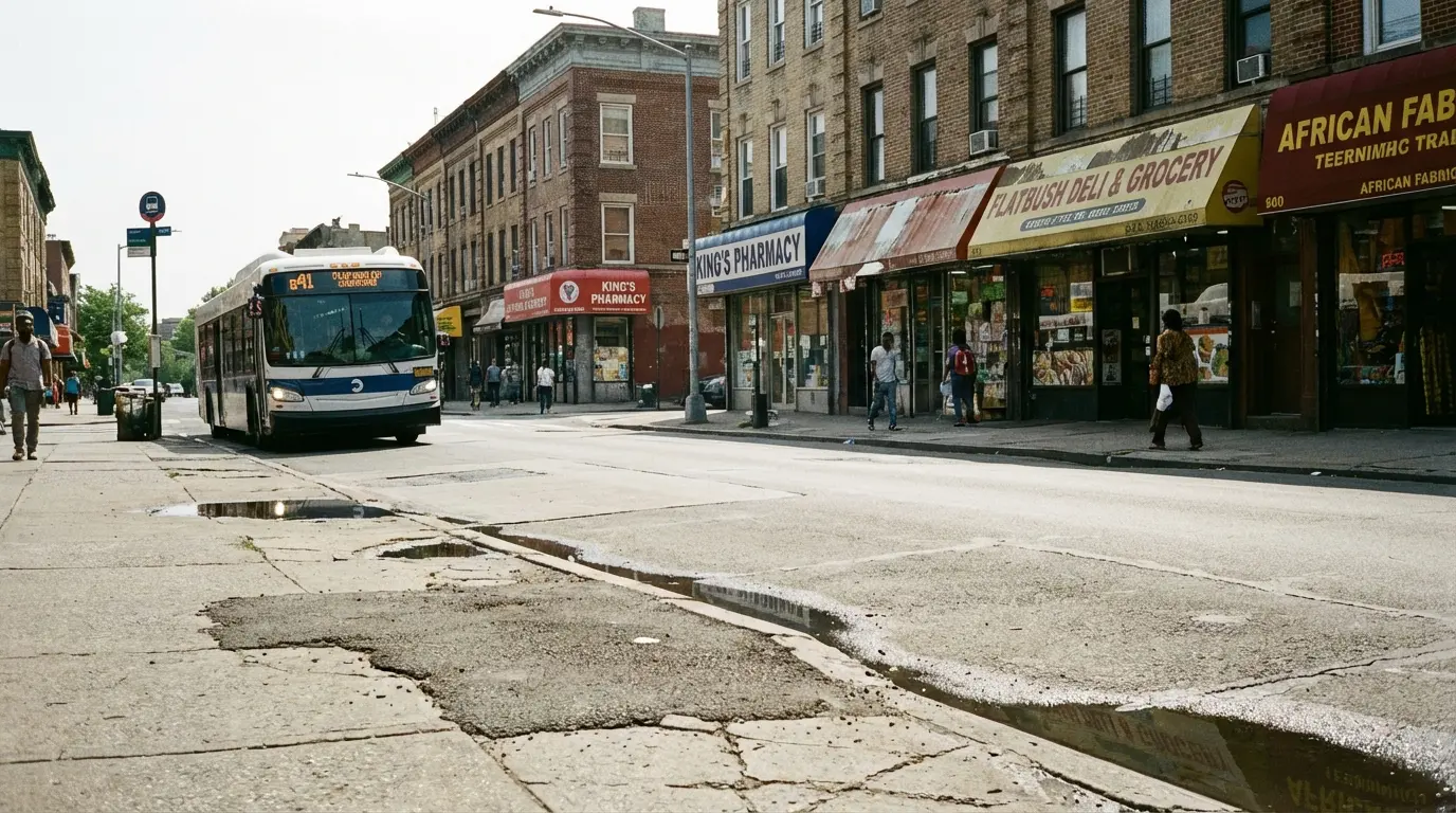 Wedding Photography: mid-morning street view of Flatbush Avenue in Flatbush, Brooklyn showing brick storefronts, colorful awnings, a bus, and sidewalks.