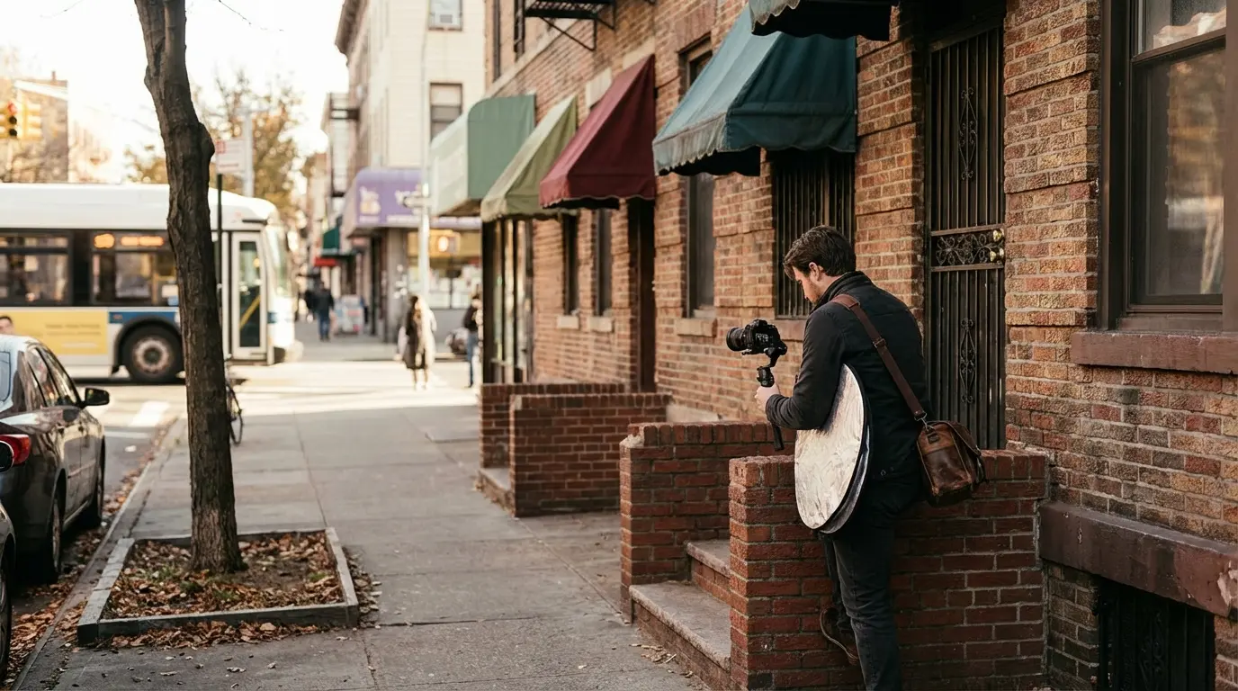 Wedding photographer in Flatbush, Brooklyn adjusting a compact camera kit on a brick stoop with awnings and a bus in the background