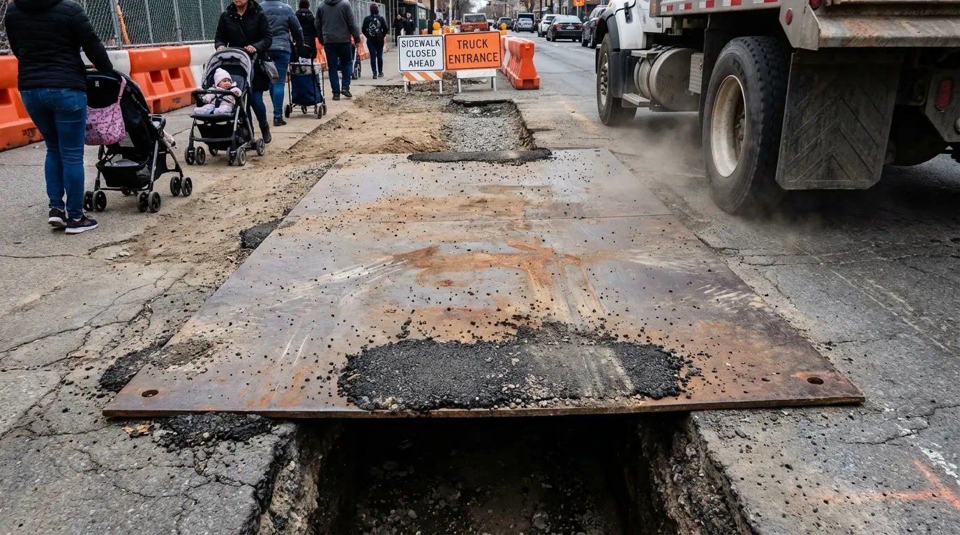 Wedding photography Bushwick Flushing Ave street repair patch and metal plate affecting pedestrian flow
