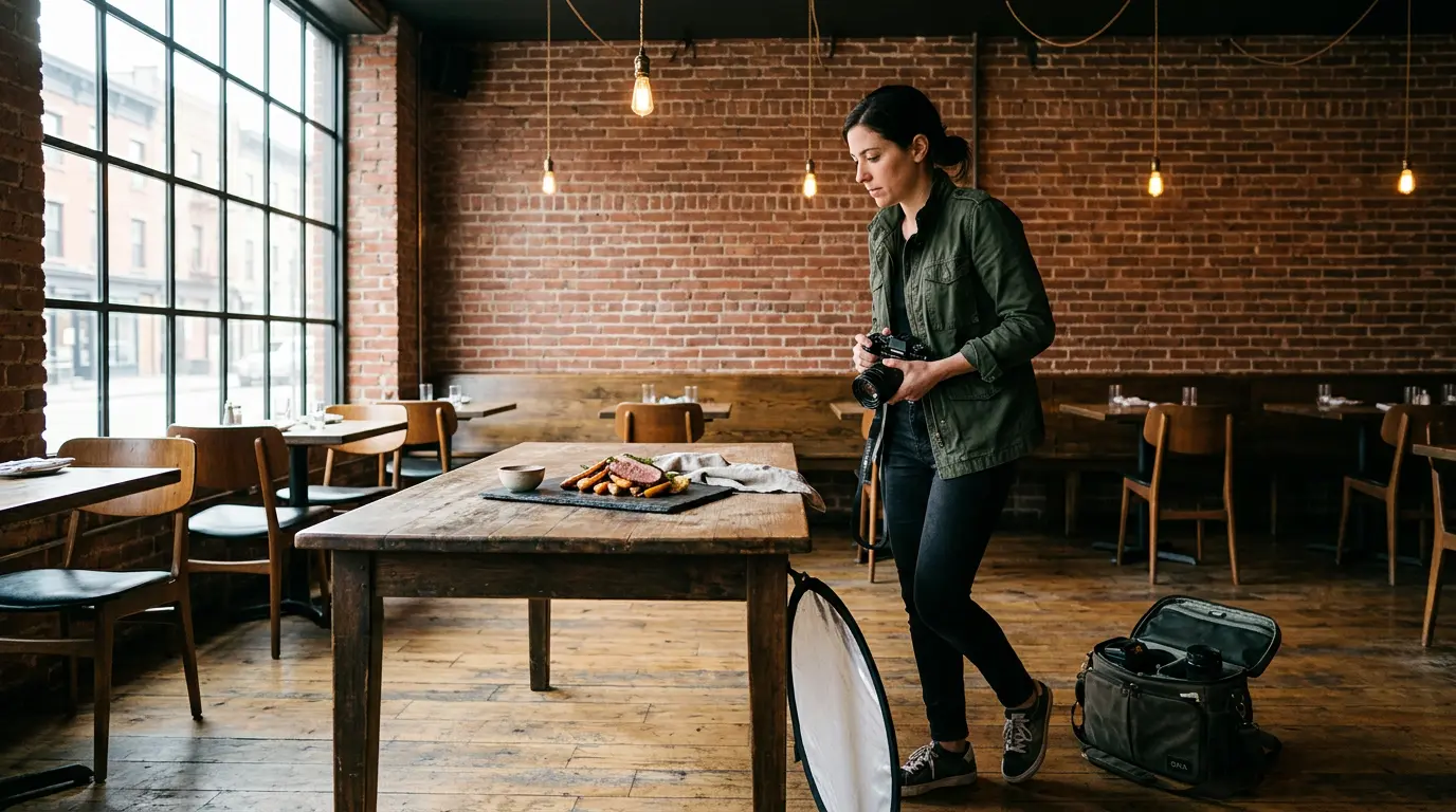 on-location food photographer setting up dish shoot inside Williamsburg Brooklyn restaurant
