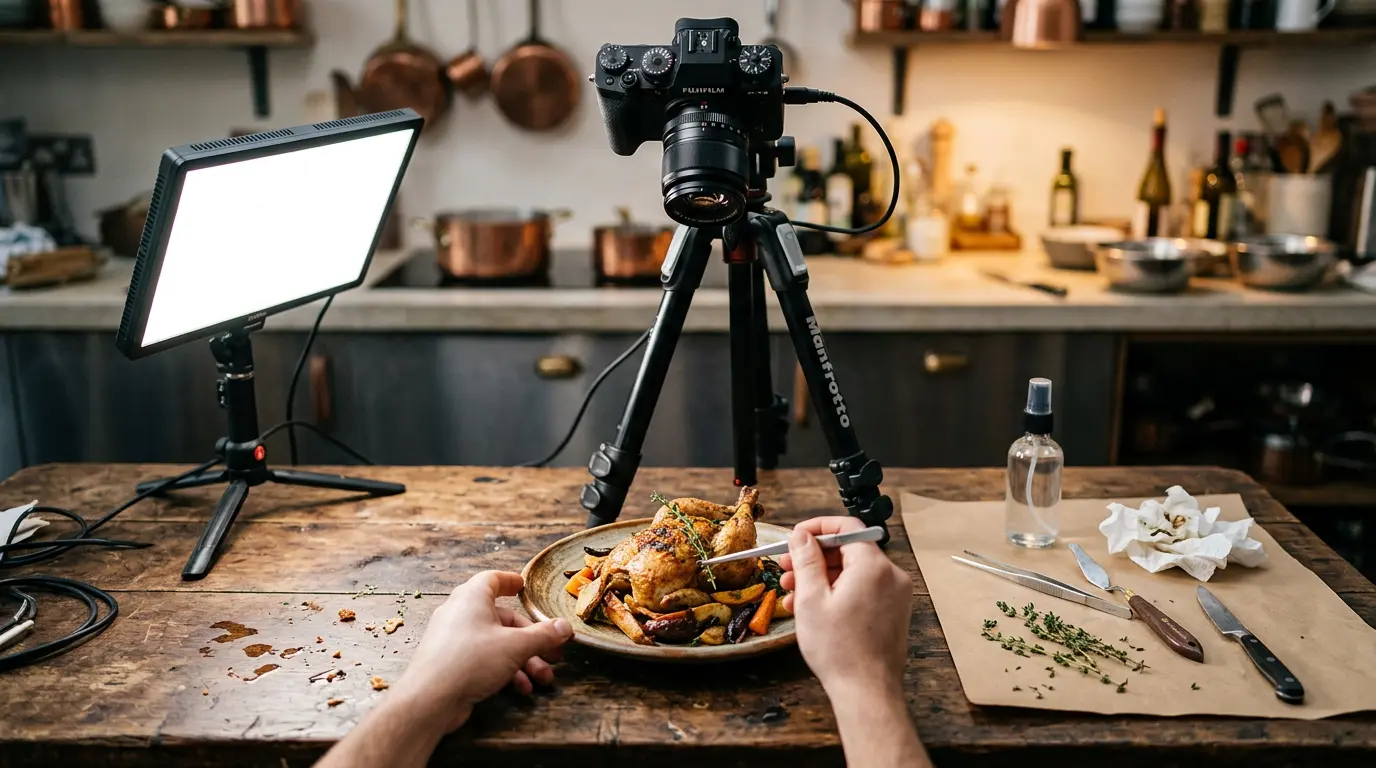 food photography lighting and styling setup with camera on tripod during Brooklyn restaurant shoot session