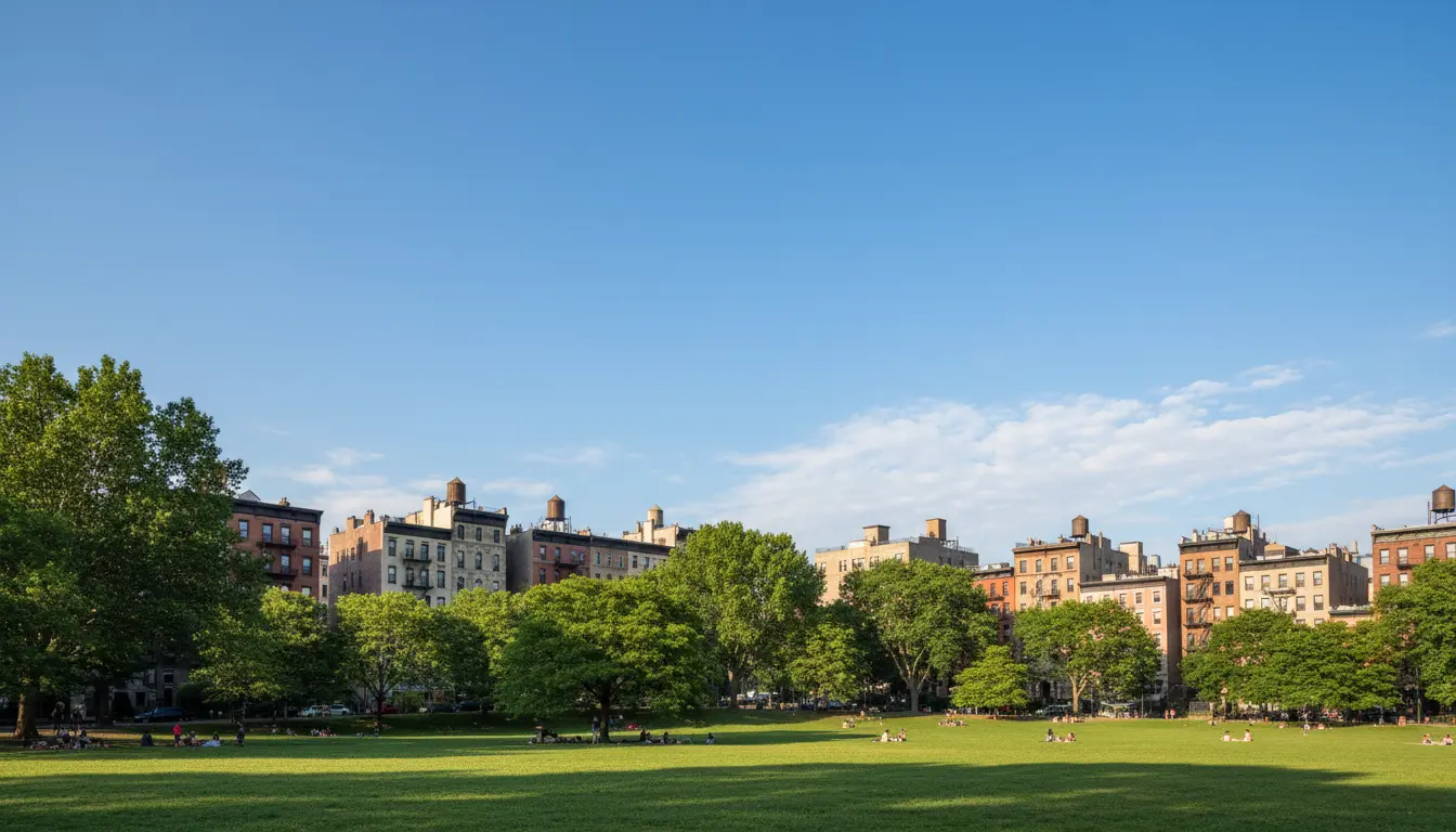 Wedding Photography Fort Greene — view across Fort Greene Park ridge with lawn and surrounding brownstones