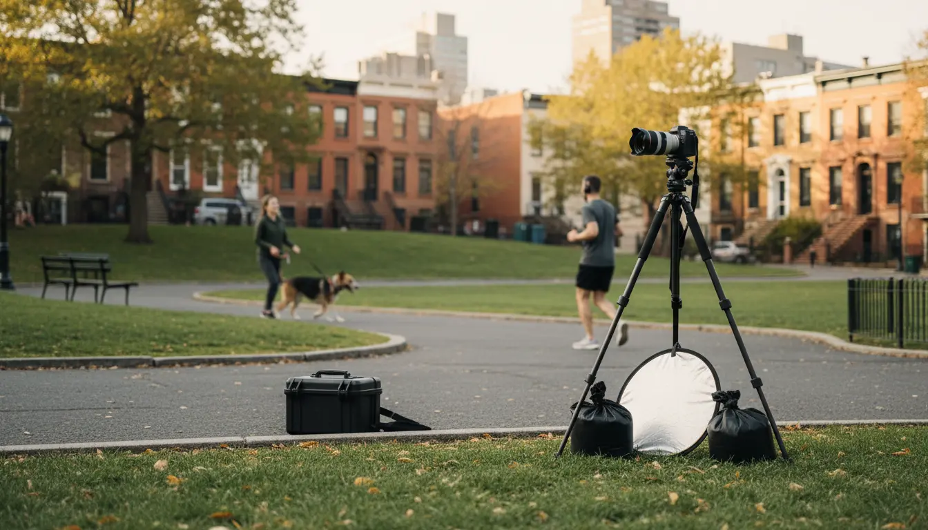 Wedding photographer gear in Fort Greene Park (Brooklyn): sandbagged tripod and compact kit set up on the park ridge with brownstones in the background