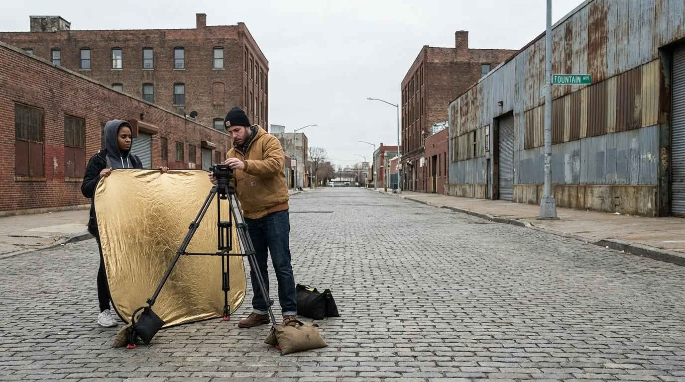 Wedding photography East New York Fountain Ave industrial pocket equipment setup with tripod and sandbags