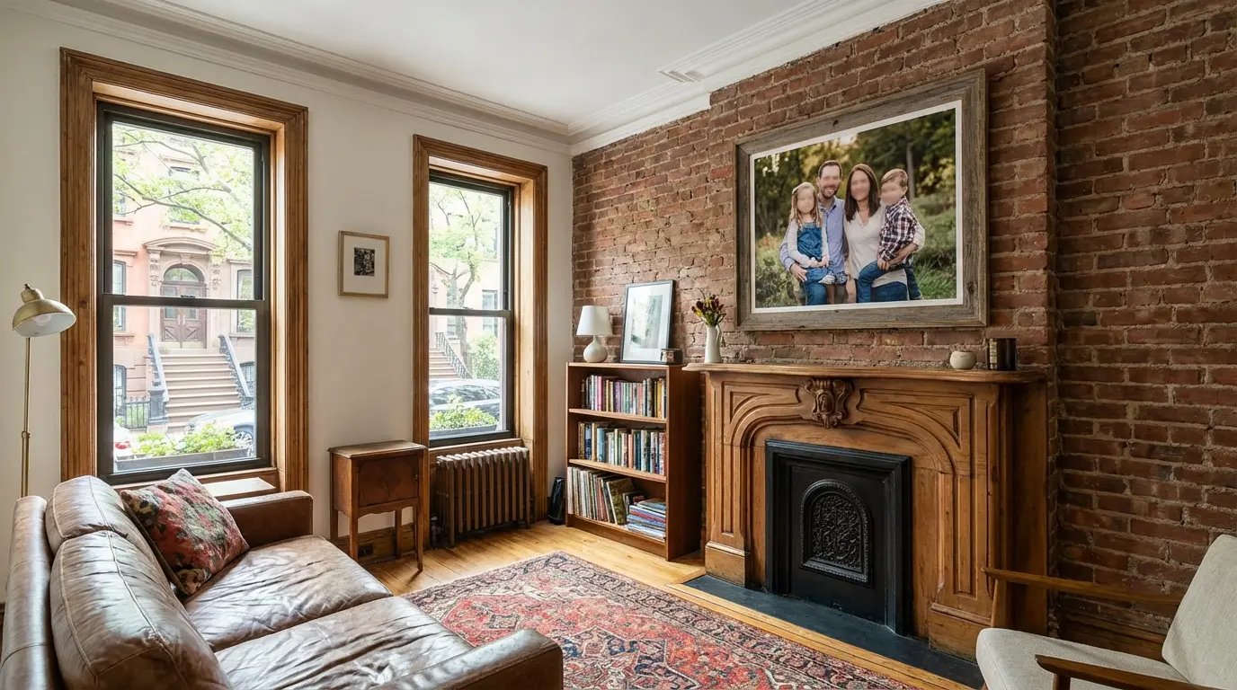 portrait print Brooklyn brownstone interior framed family portrait display