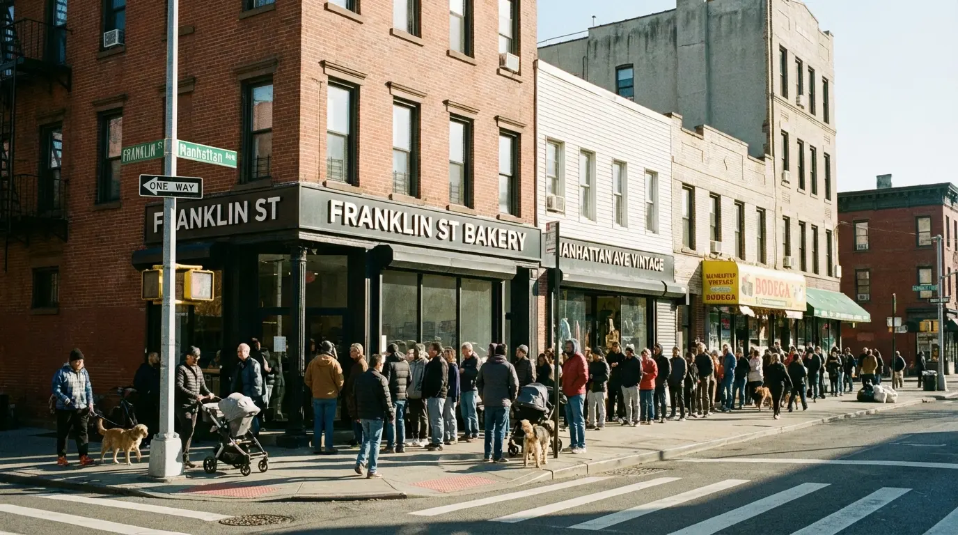 Wedding Photography Greenpoint — Manhattan Ave and Franklin St corner with bakery queue and storefronts.