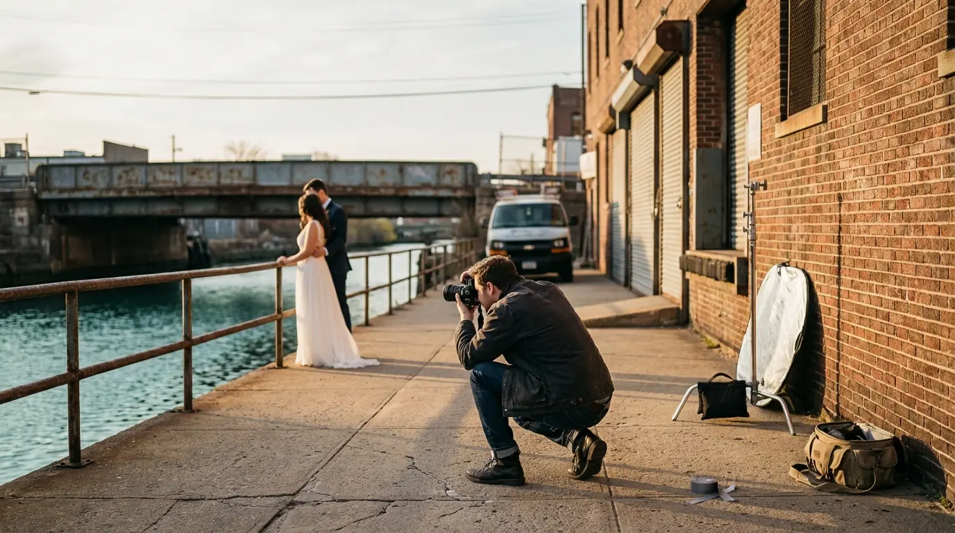 Wedding photographer in Gowanus, Brooklyn photographing a couple along the canal near brick warehouses