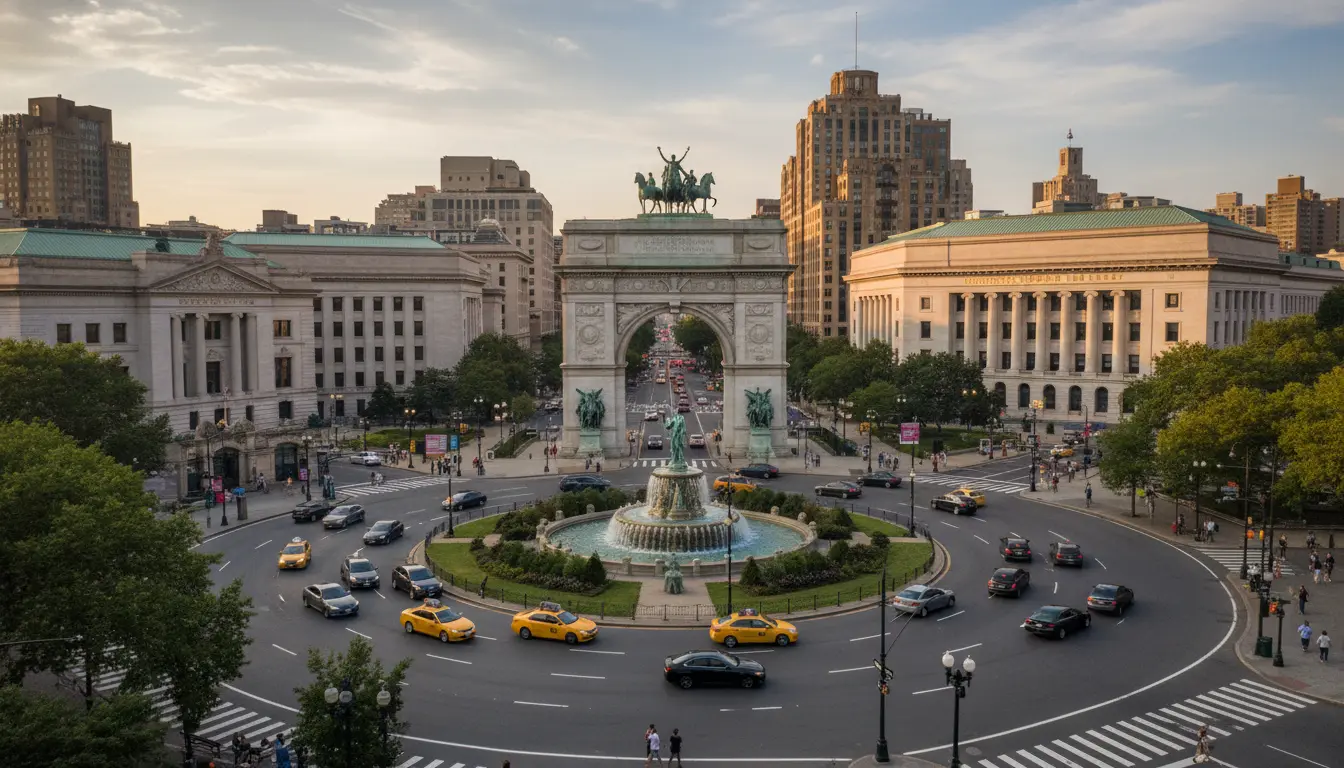 Wedding Photography in Prospect Heights: Grand Army Plaza showing Prospect Park north entrance and adjacent civic buildings