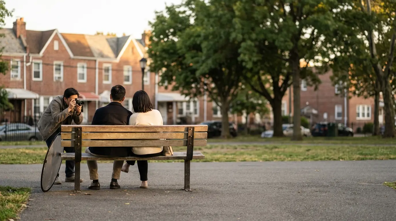 Wedding photographer shooting a seated couple on a south-facing bench in Gravesend Park, Brooklyn — photographer with camera capturing the couple at the park edge