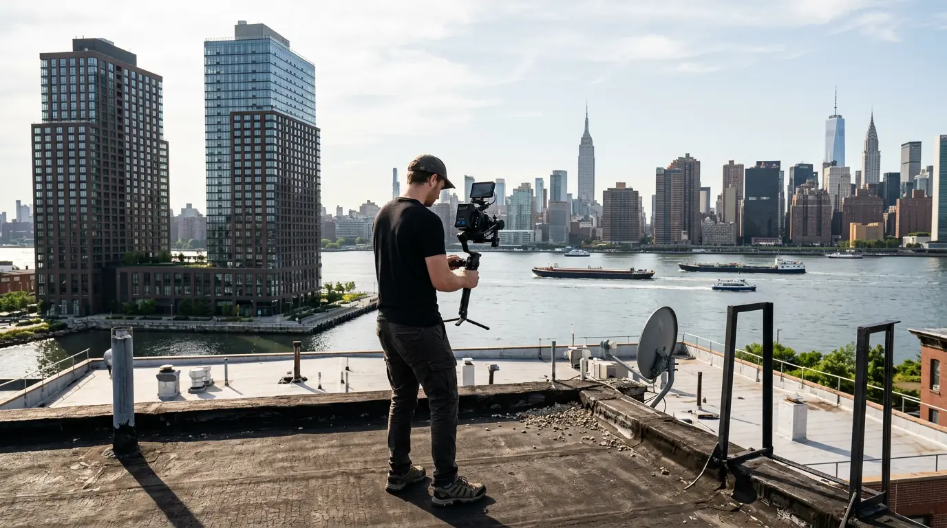 Real estate videographer on Greenpoint Brooklyn rooftop capturing East River and Manhattan skyline for listing video