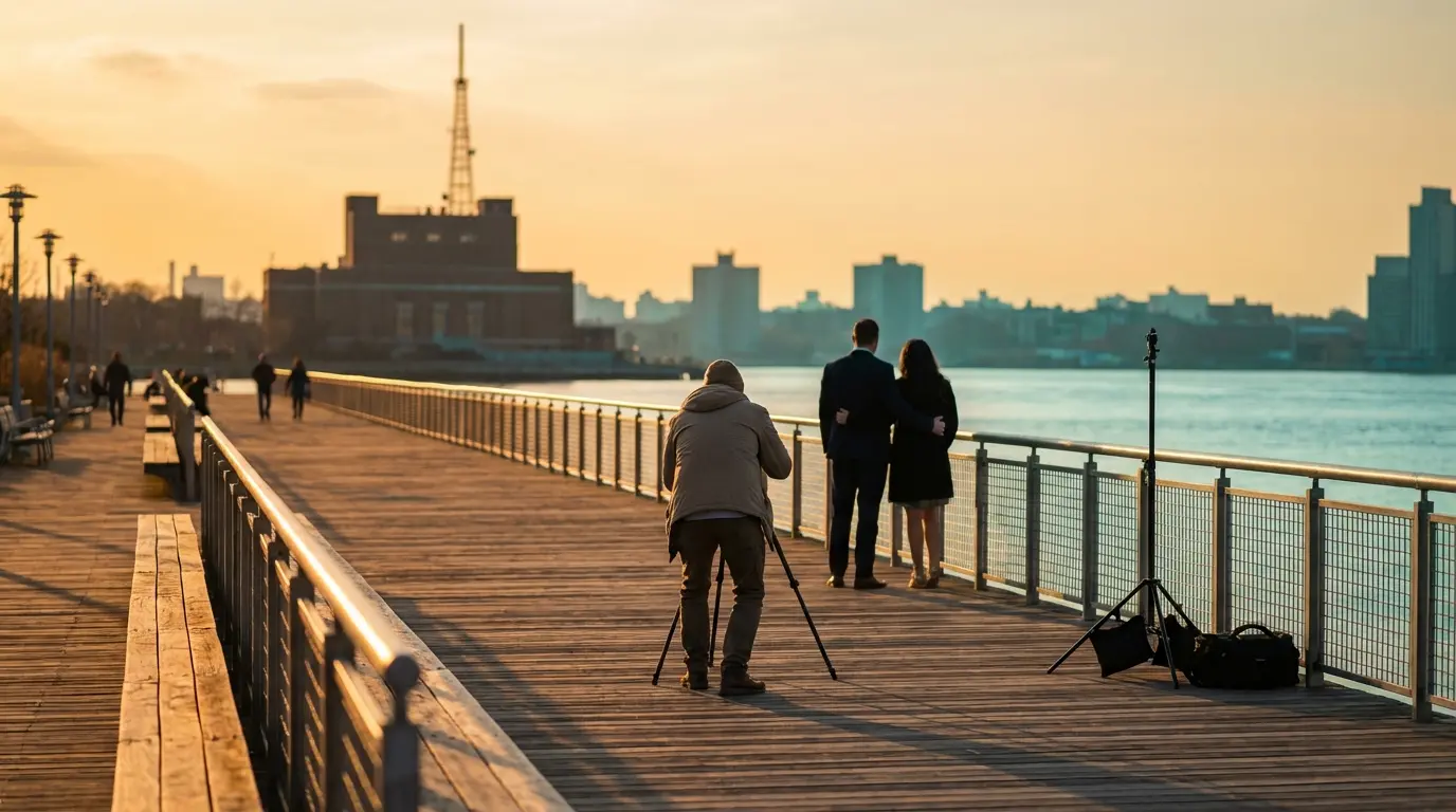 Wedding photographer Greenpoint Brooklyn — photographer adjusting tripod on Transmitter Park pier with couple by the railing
