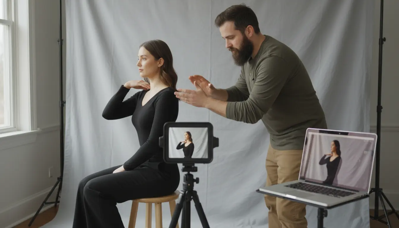 Headshot photography in Brooklyn showing photographer guiding client pose during session