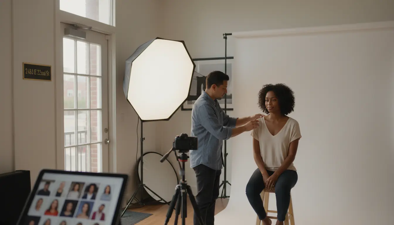 Headshots and portraits Brooklyn photographer guiding subject in studio with backdrop and visible studio address plaque