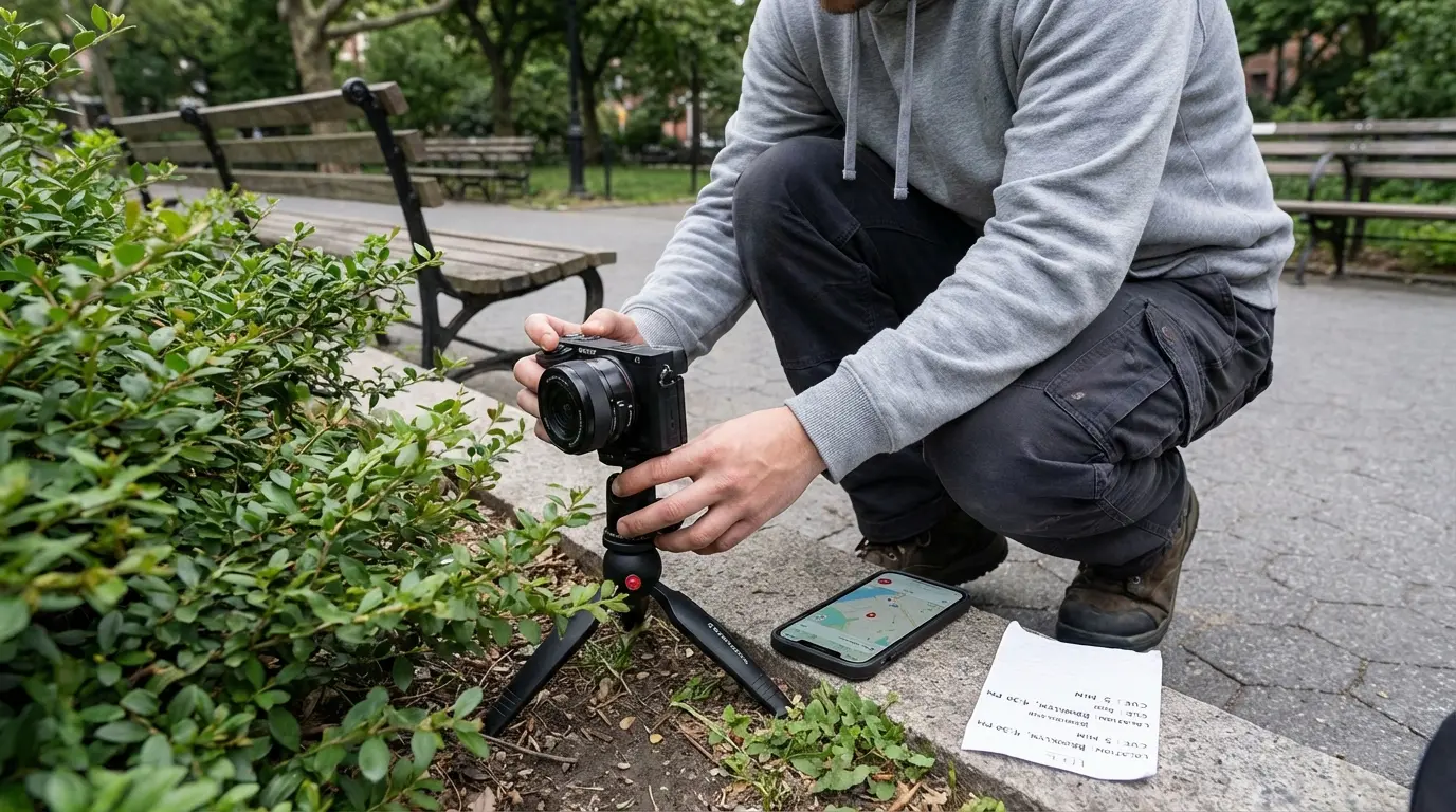 proposal photography Brooklyn photographer setting up camera behind foliage with map on phone