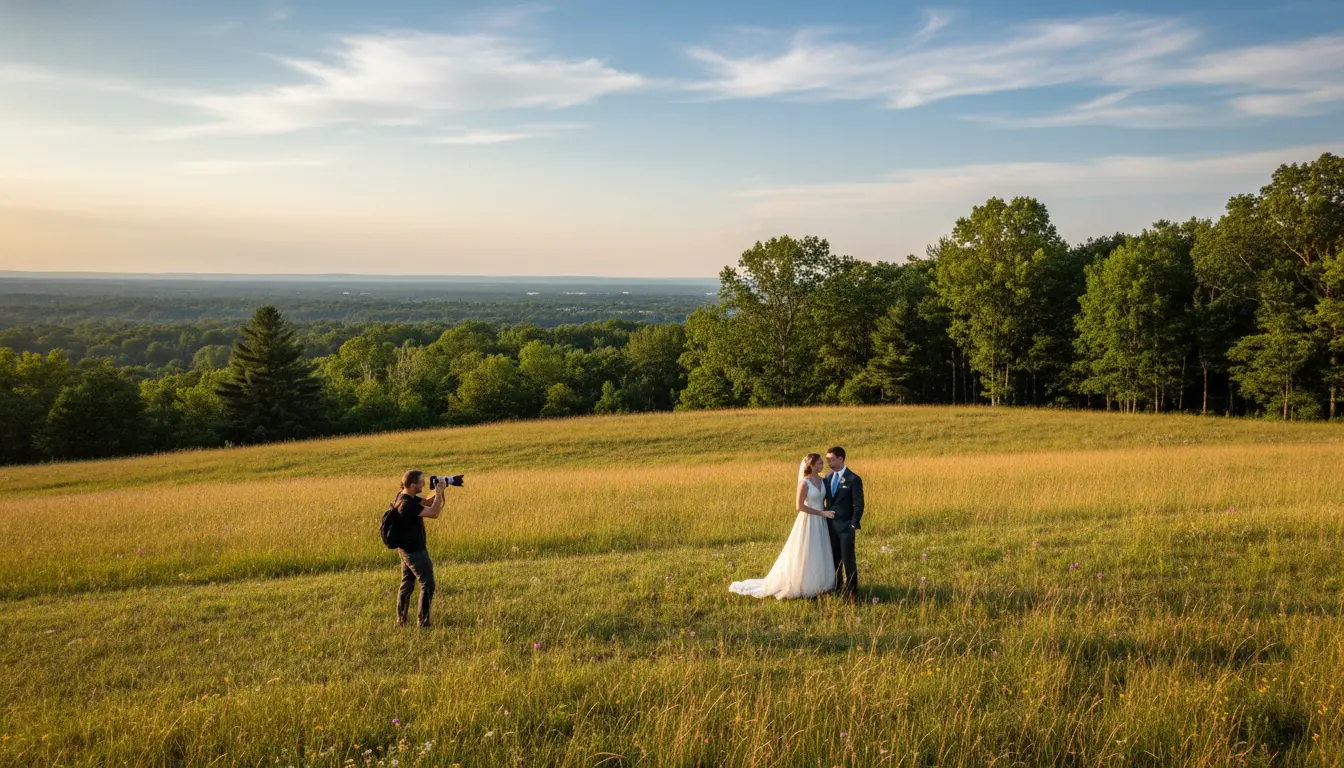 Wedding photography East New York Highland Park meadow edge with photographer and couple