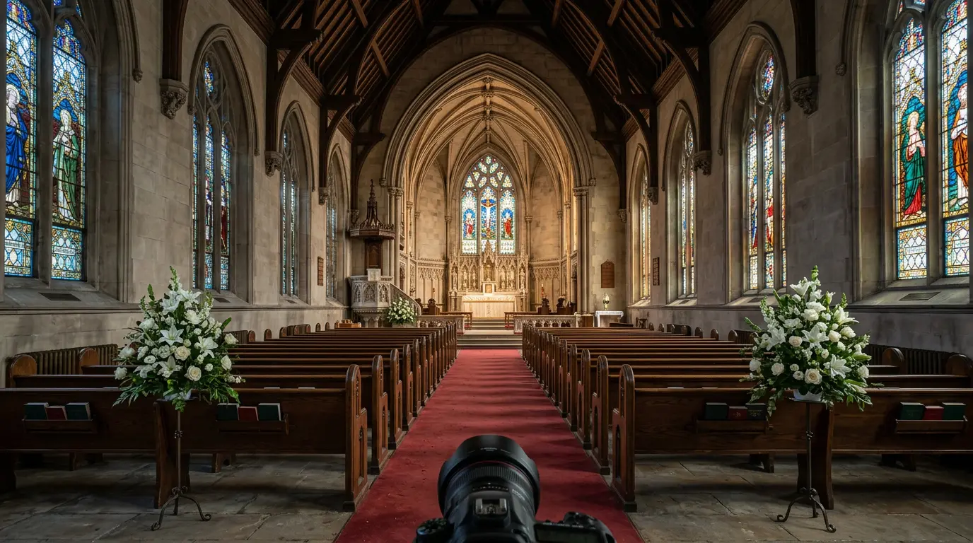 Ceremony photography angle inside historic Brooklyn Gothic Revival church with stained glass and floral altar