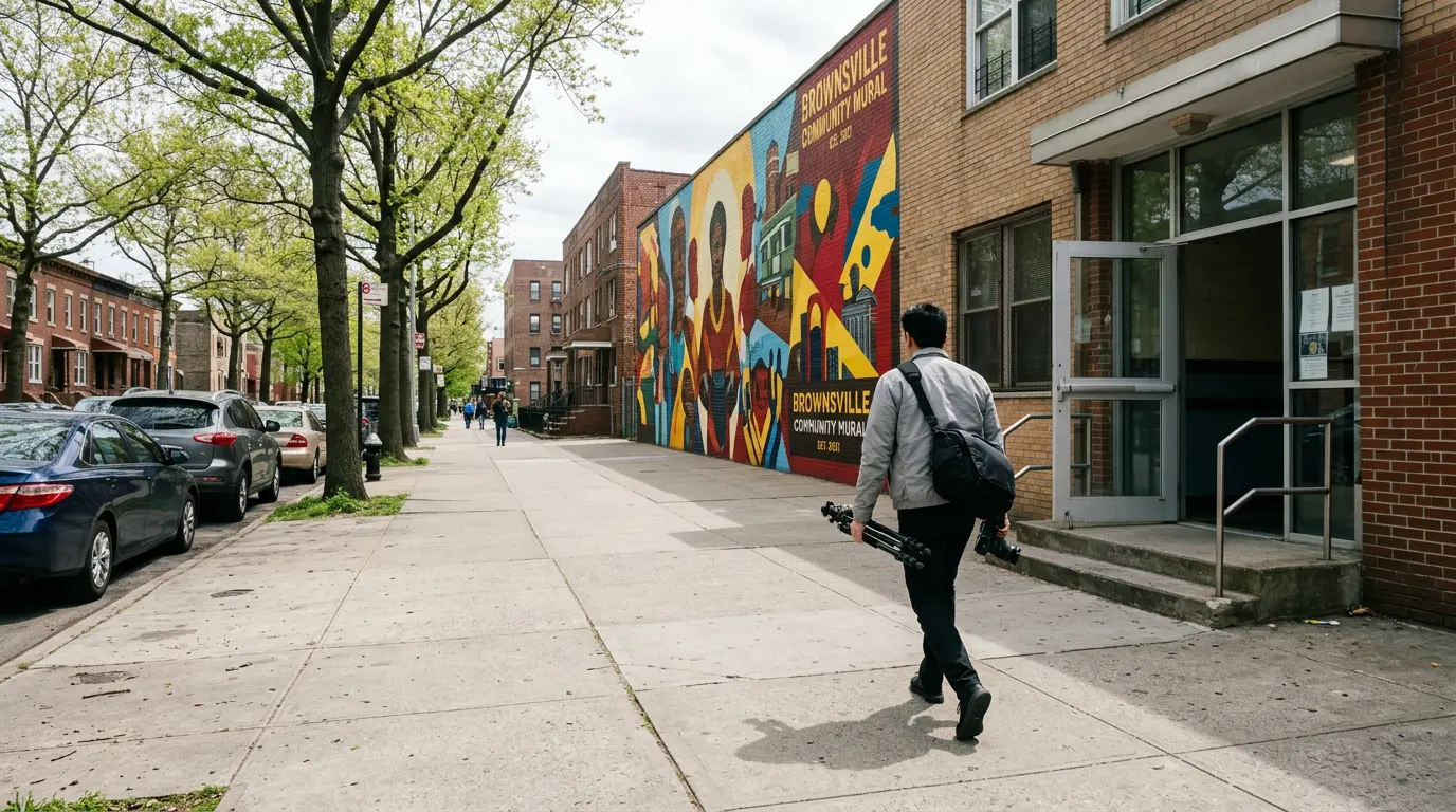 in-home baby photography Brownsville Brooklyn photographer arriving with camera equipment at residential building