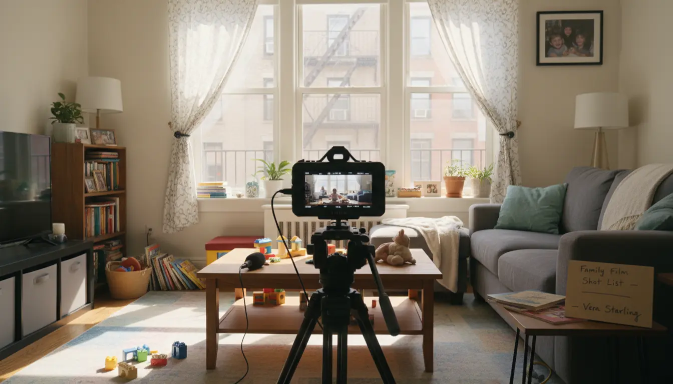 family video production in Brooklyn camera on tripod and monitor set up in living room