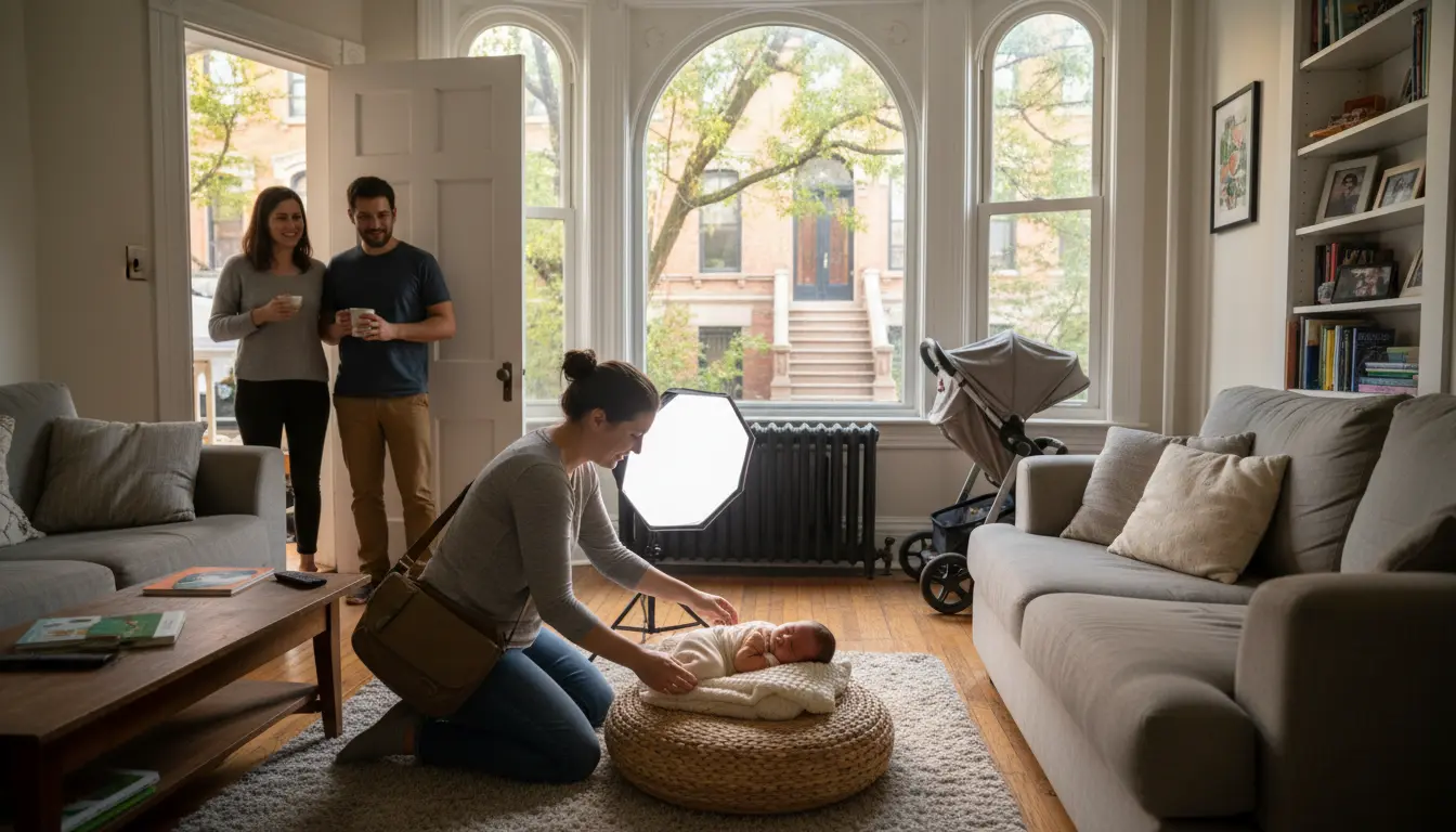 Newborn photography in Brooklyn in-home session with photographer photographing baby in apartment