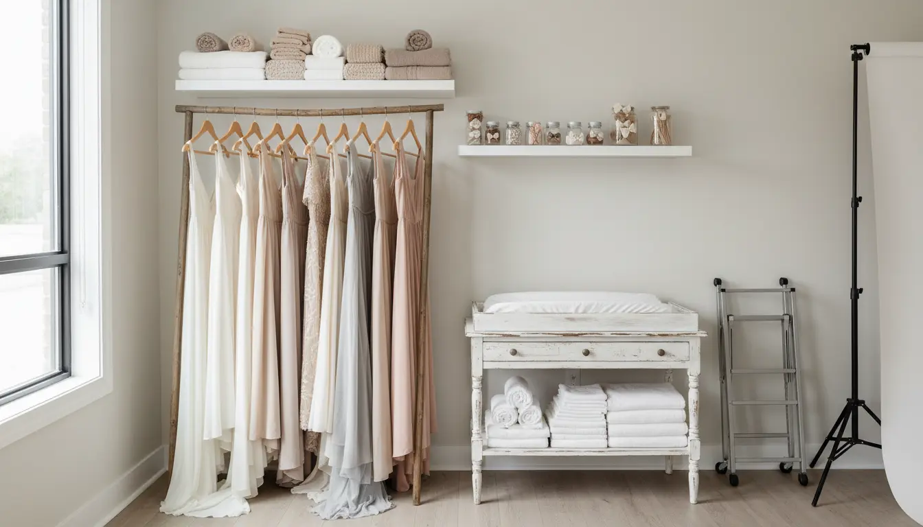 Maternity and newborn photography props and gowns in Brooklyn studio setup