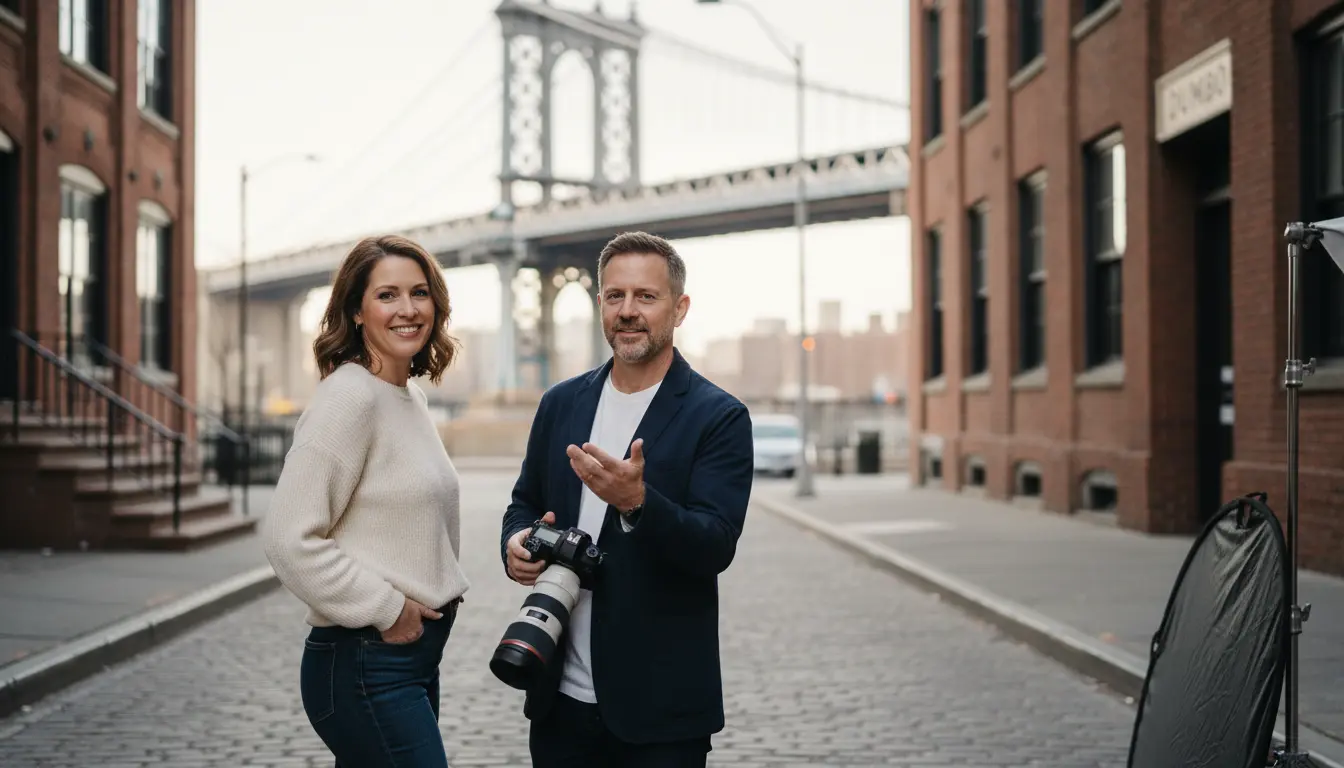 Individual photography Brooklyn — photographer directing subject with Manhattan Bridge visible in background