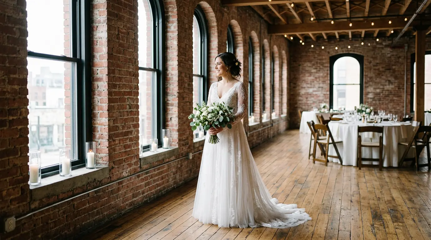 Indoor bridal portrait session at Brooklyn wedding venue with exposed brick walls and natural window light