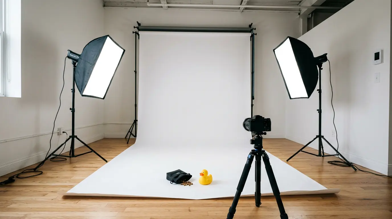 Indoor pet photography studio setup with softbox lighting and low tripod in Brooklyn