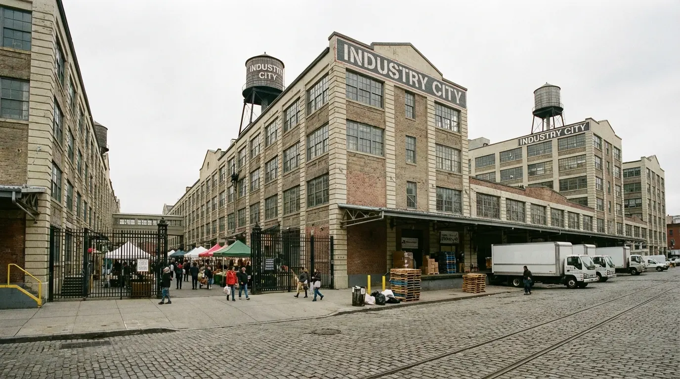 Wedding Photography Sunset Park Industry City perimeter showing industrial brick facades and courtyard entrance