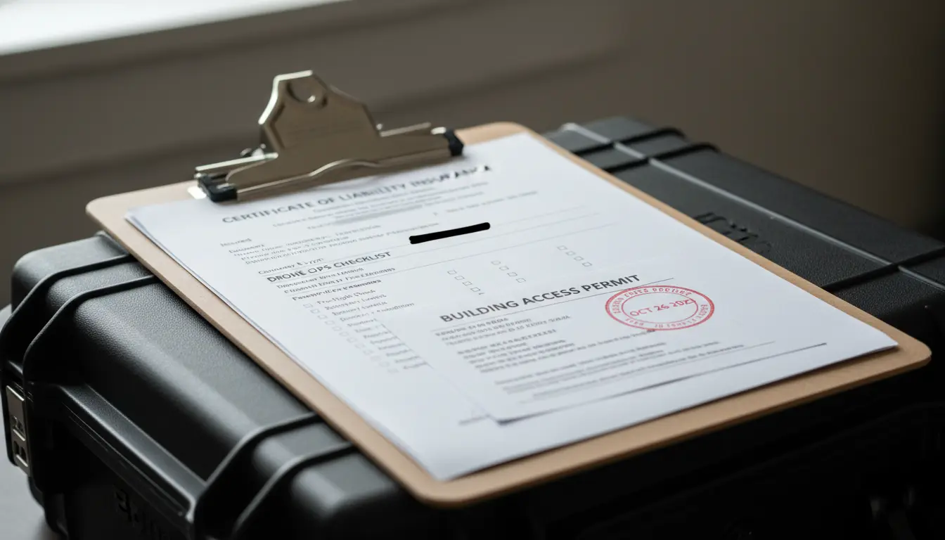 Real estate videography Brooklyn — liability insurance certificate and building access permit on clipboard