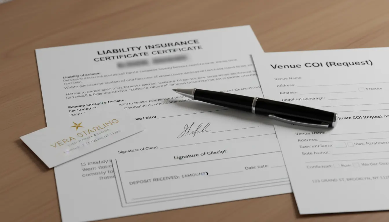 party photography Brooklyn liability insurance certificate and signed contract on table