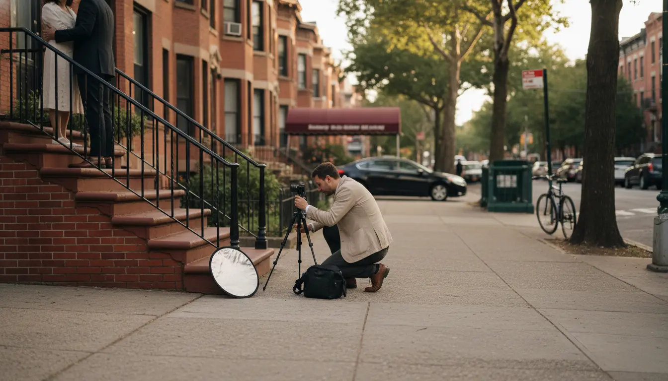 Wedding photographer Kensington Brooklyn setting up a compact tripod and reflector by a brick stoop