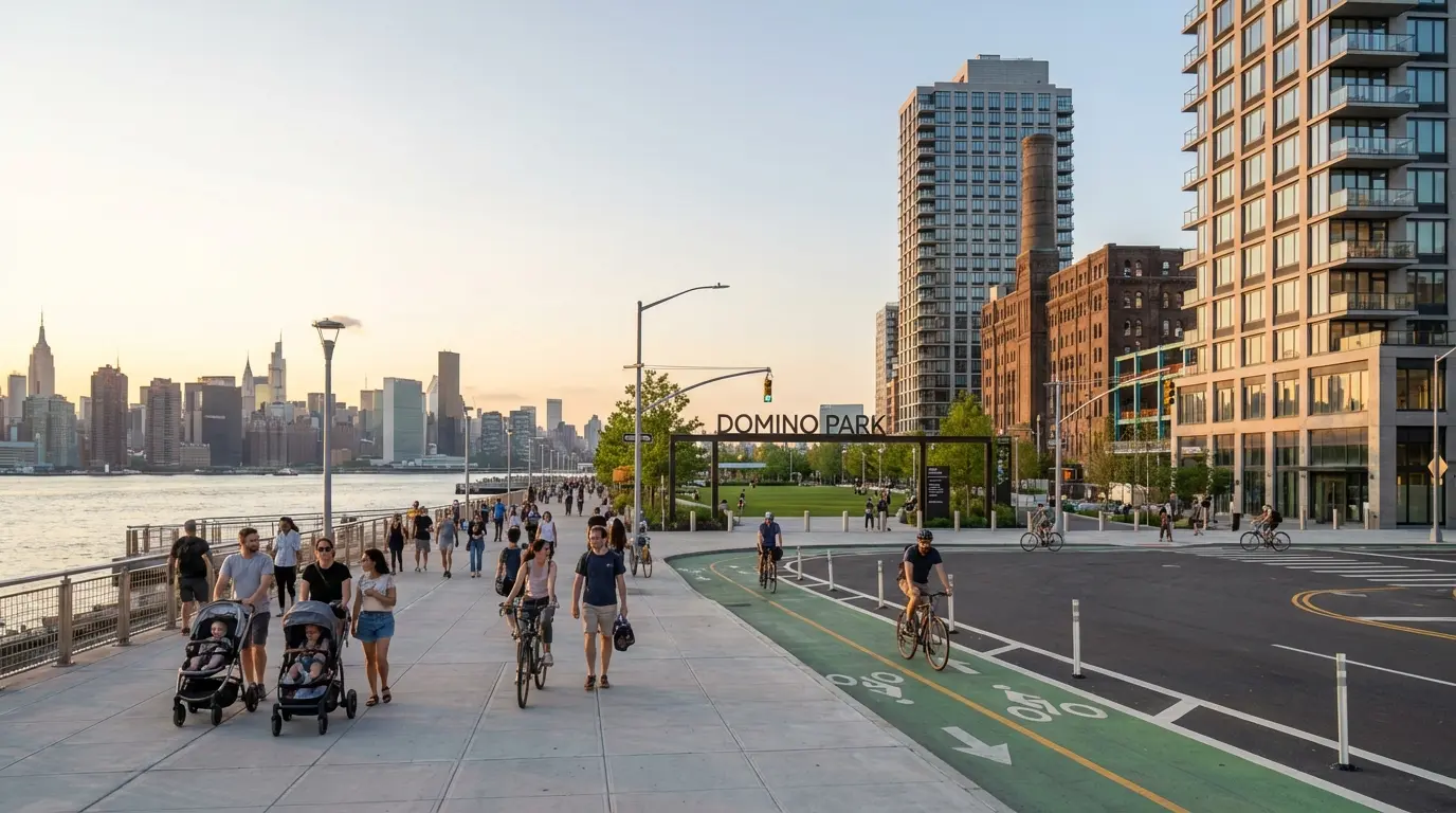 Wedding Photography Williamsburg — street-level view of Kent Avenue looking north toward Domino Park, East River, and waterfront towers