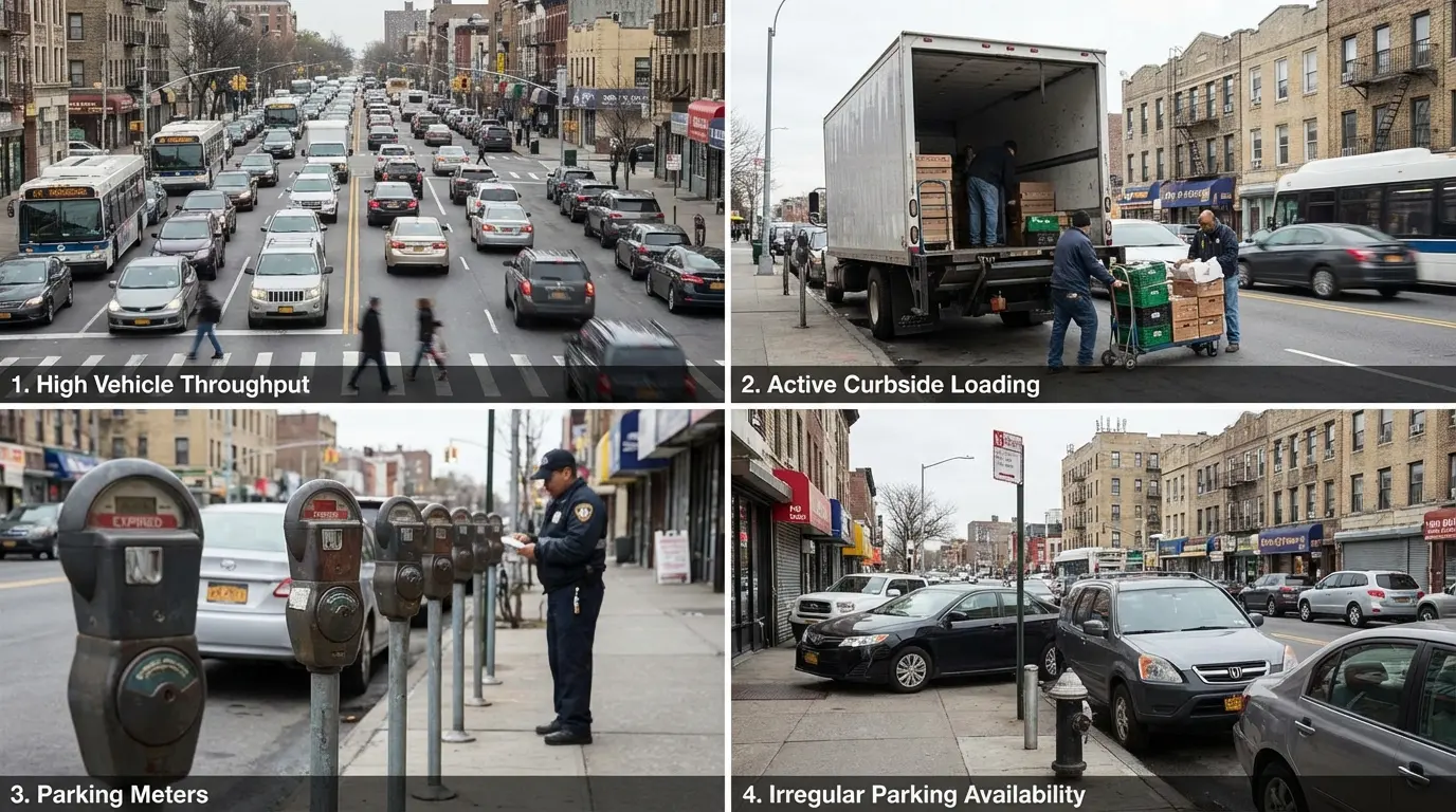 Wedding Photography Midwood — Kings Highway busy curbside showing traffic and parking variability