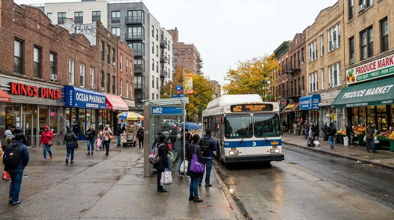Wedding Photography Gravesend - Kings Highway corner with bus stop, waiting people, and storefronts
