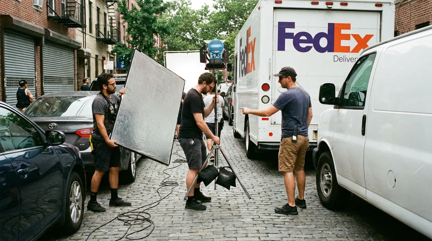 Wedding photography Bushwick Knickerbocker Ave on-street equipment setup with reflectors and light stand