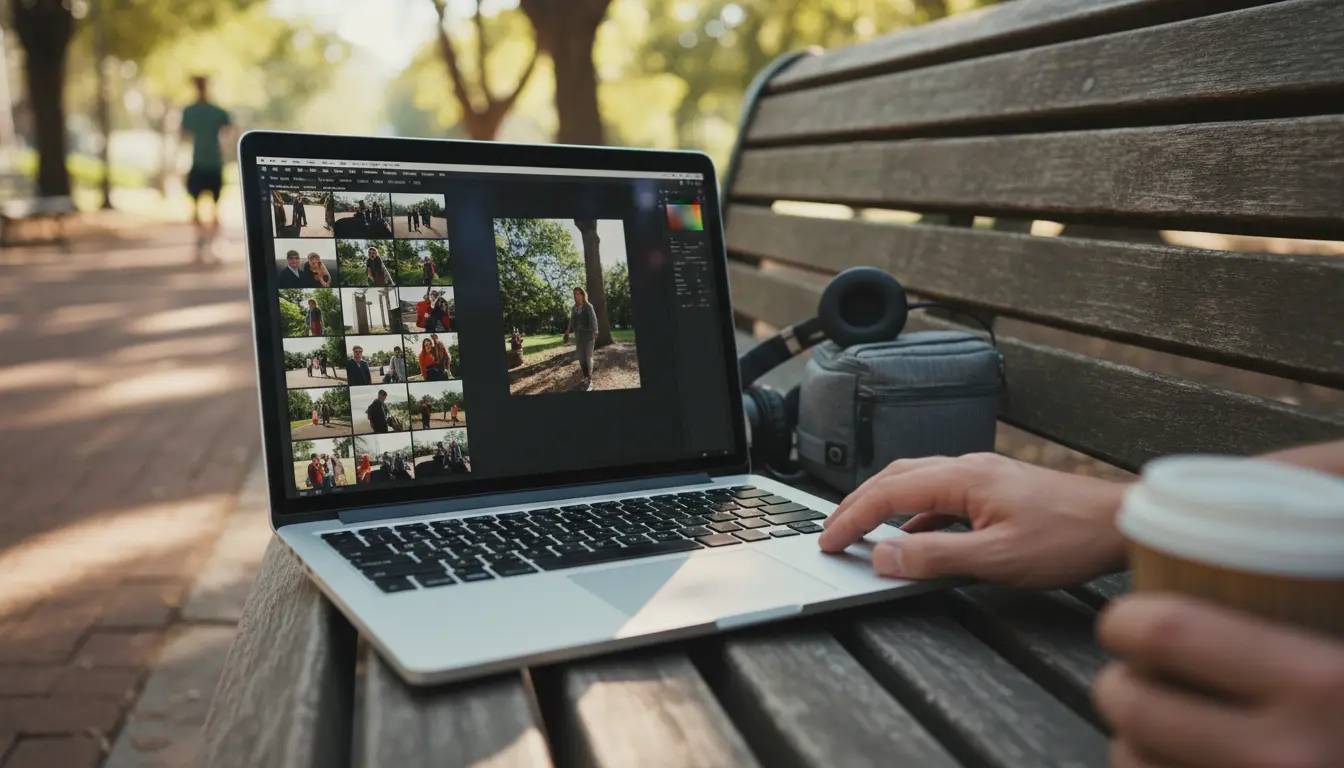 Wedding Photography Clinton Hill — on-site image review on laptop at Underwood Park bench showing thumbnail previews