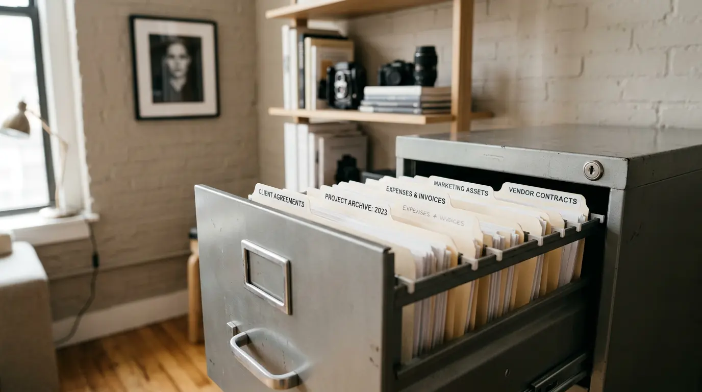 Filing cabinet drawer partially open showing organized labeled folders in a professional Brooklyn photography studio office, representing legal documentation and website policies